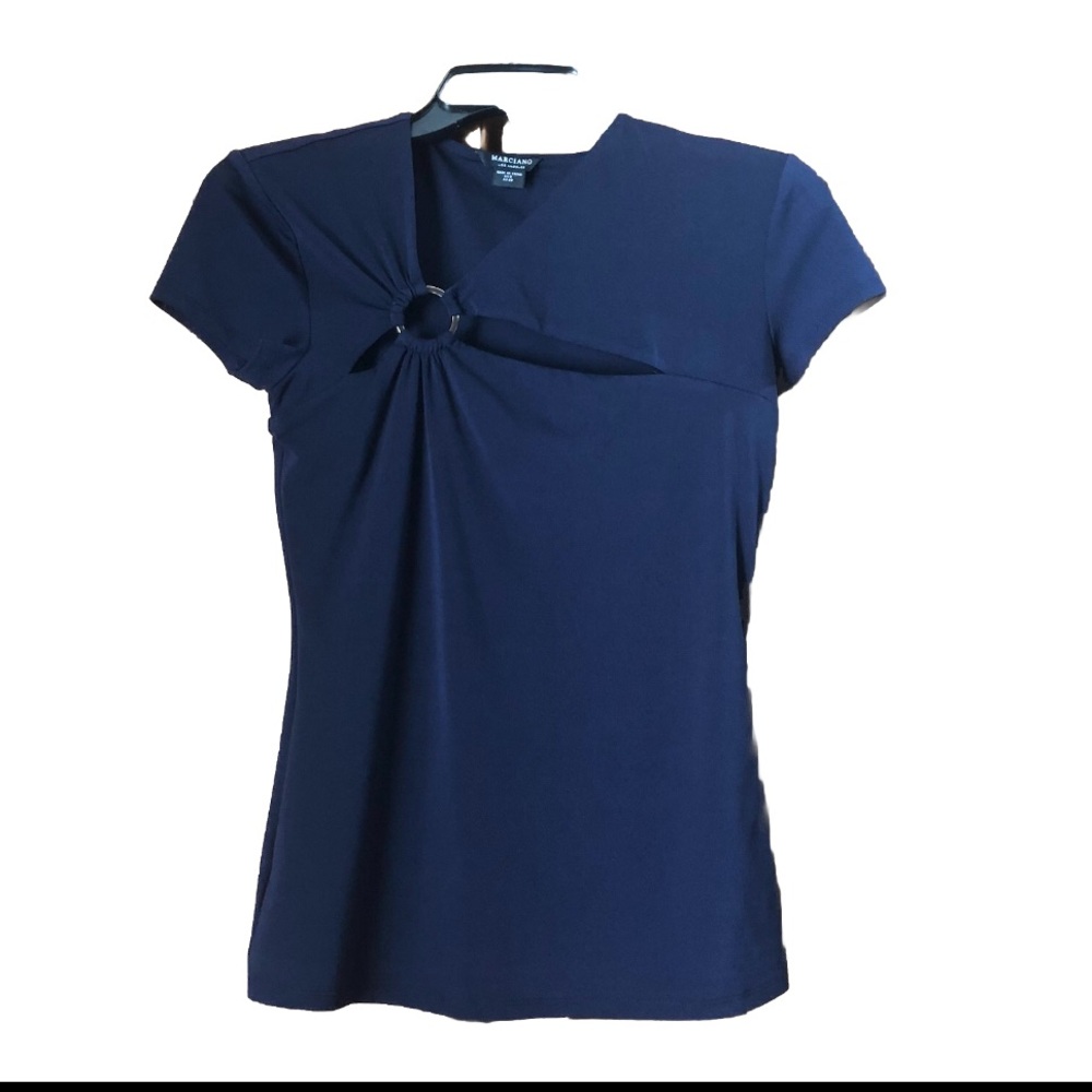 MARCIANO Los Angeles Navy Asymmetrical Neckline Chic Cut Out Blouse - S